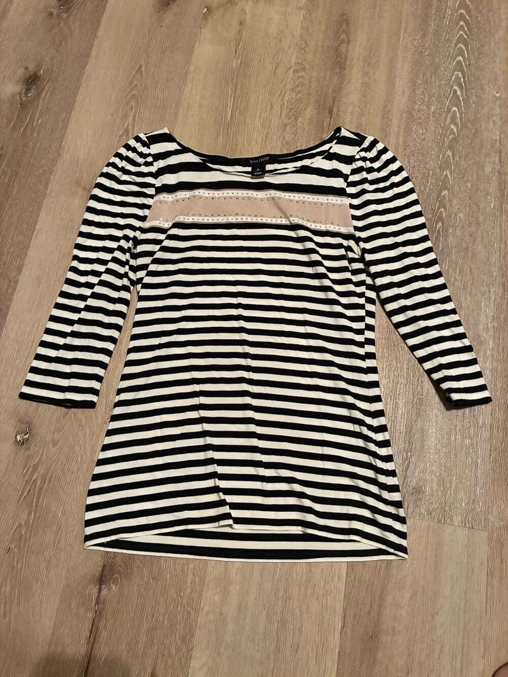 White House Black Market Striped Top Size M Black White Rhinestone